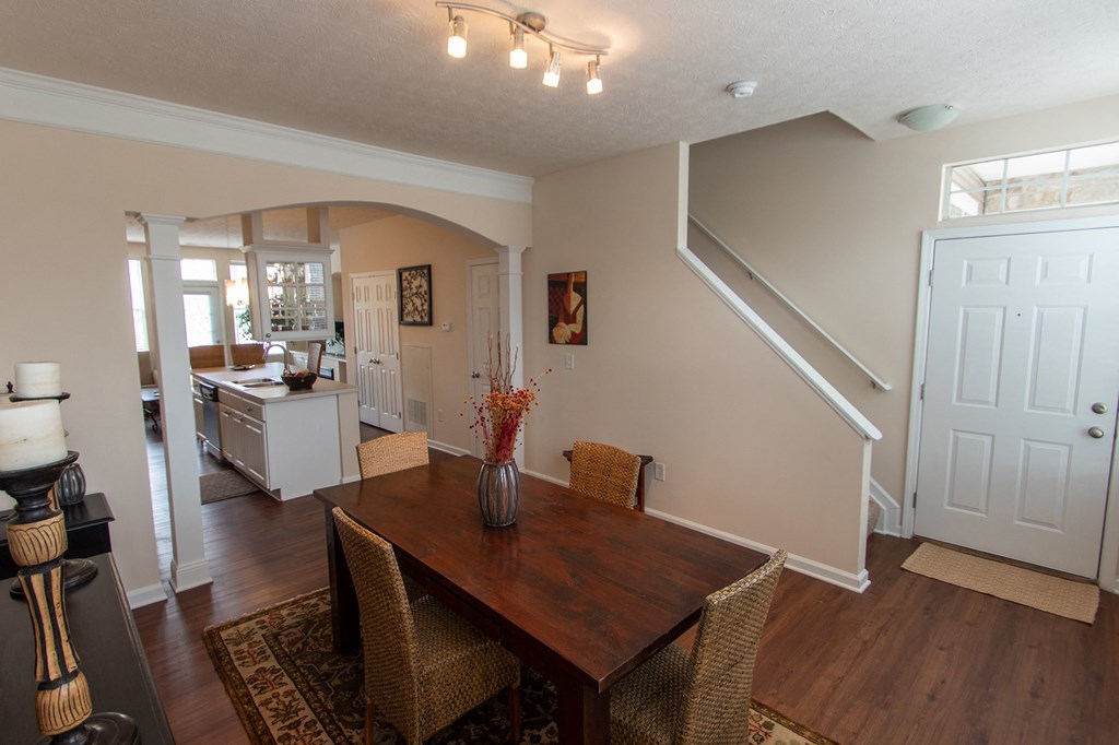 This is a photo of the dining room in the 1242 square foot, 2 bedroom, 2 and 1/2 bath Spinnaker floor plan at Nantucket Apartments in Loveland, OH.