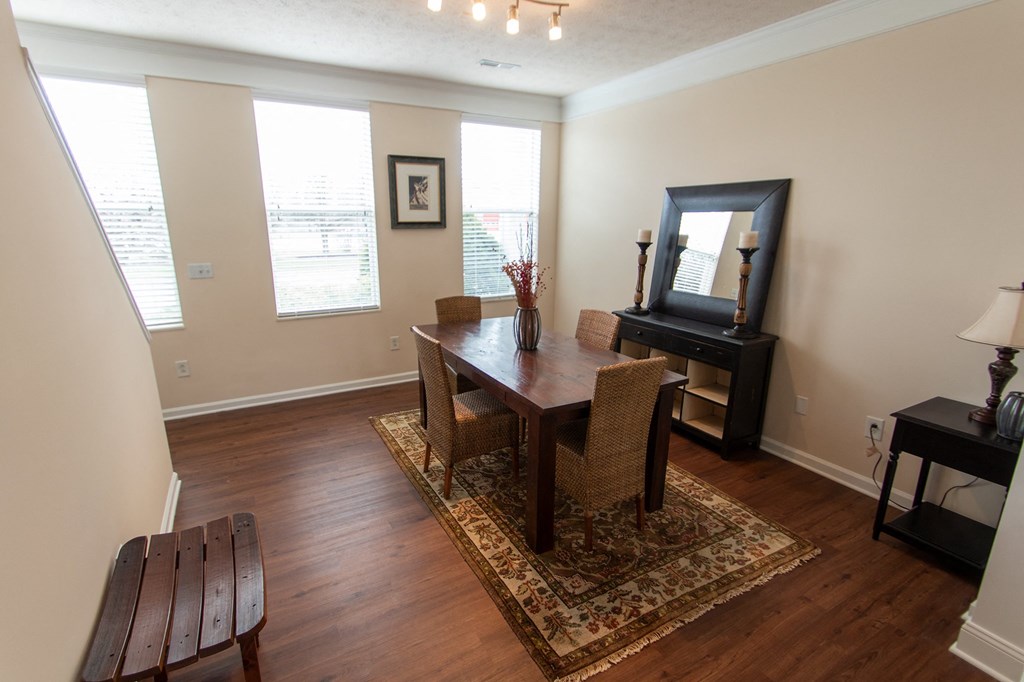 This is a photo of the dining room in the 1242 square foot, 2 bedroom, 2 and 1/2 bath Spinnaker floor plan at Nantucket Apartments in Loveland, OH.