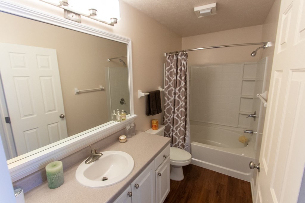 This is a photo of the primary bathroom in the 1242 square foot, 2 bedroom, 2 and 1/2 bath Spinnaker floor plan at Nantucket Apartments in Loveland, OH.