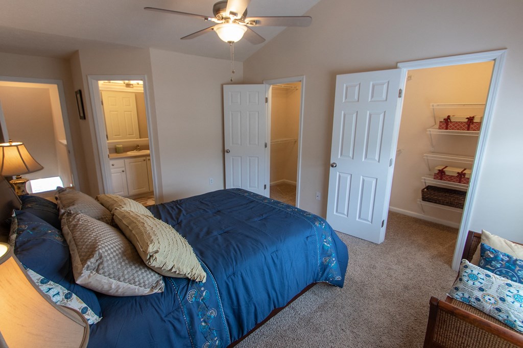 This is a photo of the primary bedroom in the 1242 square foot, 2 bedroom, 2 and 1/2 bath Spinnaker floor plan at Nantucket Apartments in Loveland, OH.