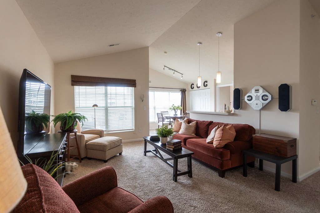 This is a photo of the living room in the 1016 square foot, 2 bedroom, 2 bath Nautica floor plan at Nantucket Apartments in Loveland, OH.