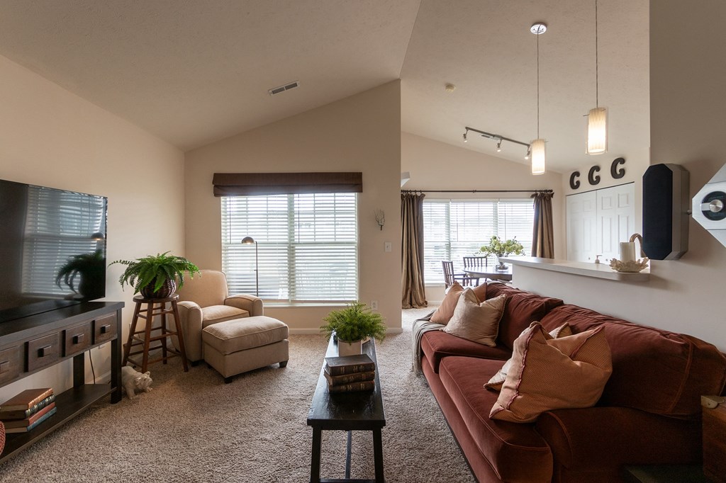 This is a photo of the living room in the 1016 square foot, 2 bedroom, 2 bath Nautica floor plan at Nantucket Apartments in Loveland, OH.