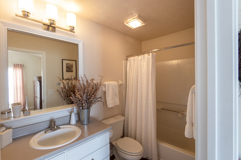This is a photo of the bathroom  in the 1016 square foot, 2 bedroom, 2 bath Nautica floor plan at Nantucket Apartments in Loveland, OH.
