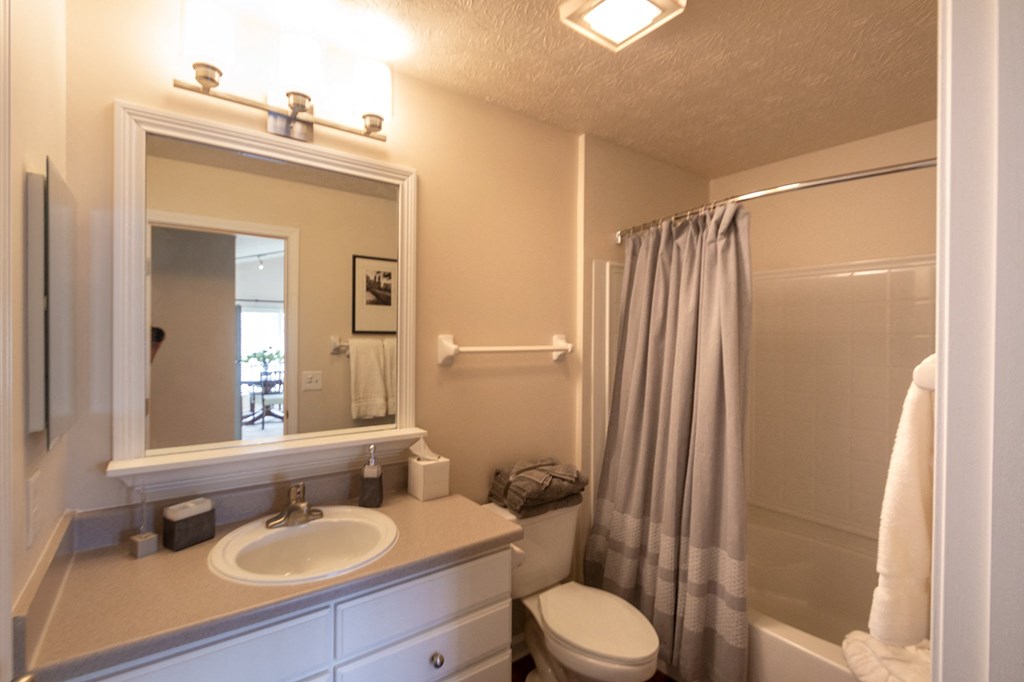 This is a photo of the primary bathroom  in the 1016 square foot, 2 bedroom, 2 bath Nautica floor plan at Nantucket Apartments in Loveland, OH.