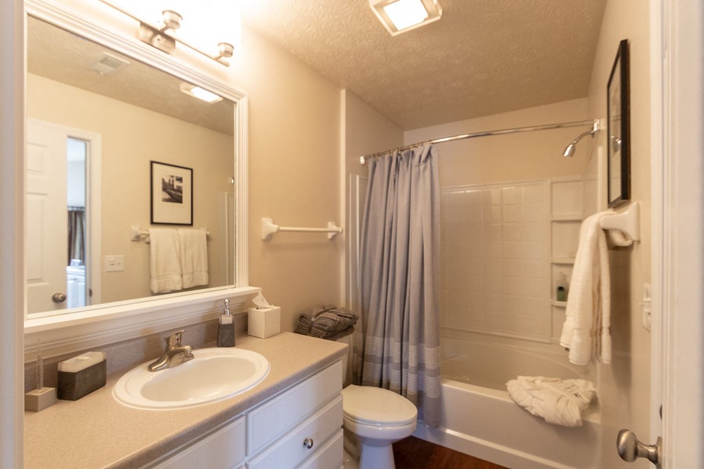 This is a photo of the bathroom  in the 1016 square foot, 2 bedroom, 2 bath Nautica floor plan at Nantucket Apartments in Loveland, OH.