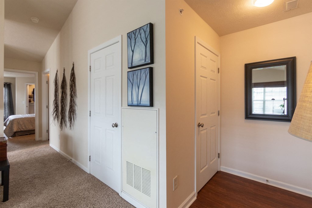 This is a photo of the entryway in the 1016 square foot, 2 bedroom, 2 bath Nautica floor plan at Nantucket Apartments in Loveland, OH.