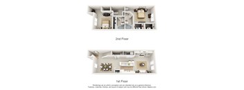 This is a 3D floor plan of a 1630 square foot 2 bedroom Spinnaker townhome at Nantucket Apartments in Loveland, OH.