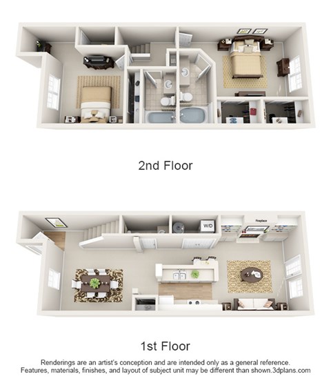 This is a 3D floor plan of a 1630 square foot 2 bedroom Spinnaker townhome at Nantucket Apartments in Loveland, OH.