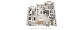 This is a 3D floor plan of a 1210 square foot 2 bedroom, 2 bath Atlantic at Nantucket Apartments in Loveland, OH.