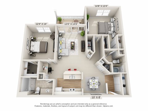 This is a 3D floor plan of a 1210 square foot 2 bedroom, 2 bath Atlantic at Nantucket Apartments in Loveland, OH.