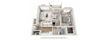 This is a 3D floor plan of a 758 square foot 1 bedroom, 1 bath Clipper at Nantucket Apartments in Loveland, OH.