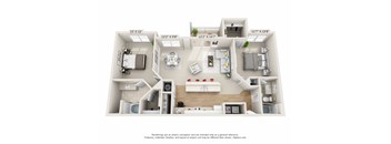 This is a 3D floor plan of a 1158 square foot 2 bedroom, 2 bath Islander at Nantucket Apartments in Loveland, OH.