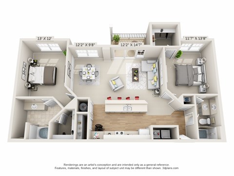 This is a 3D floor plan of a 1158 square foot 2 bedroom, 2 bath Islander at Nantucket Apartments in Loveland, OH.