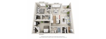 This is a 3D floor plan of the 1016 square foot, 2 bedroom Nautica floor plan at Nantucket Apartments in Loveland, OH.