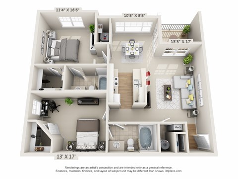 This is a 3D floor plan of the 1016 square foot, 2 bedroom Nautica floor plan at Nantucket Apartments in Loveland, OH.
