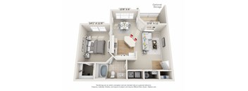 This is a 3D floor plan of a 758 square foot 1 bedroom, 1 bath Patriot at Nantucket Apartments in Loveland, OH.