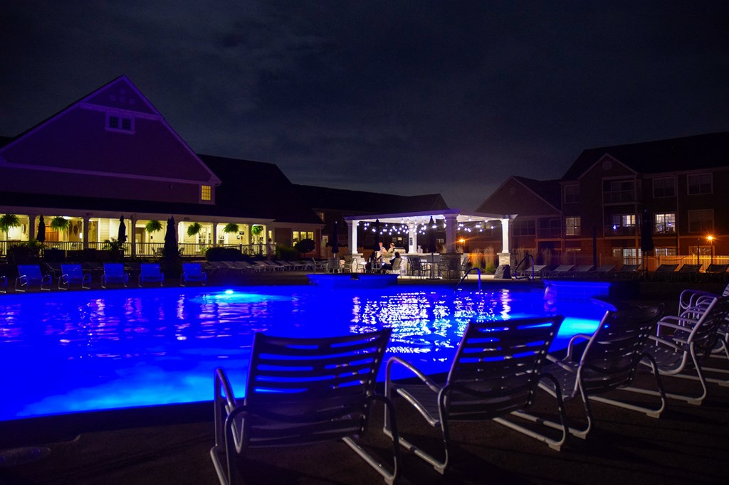 This is a picture of the pool area at night at Nantucket Apartments, in Loveland, OH.
