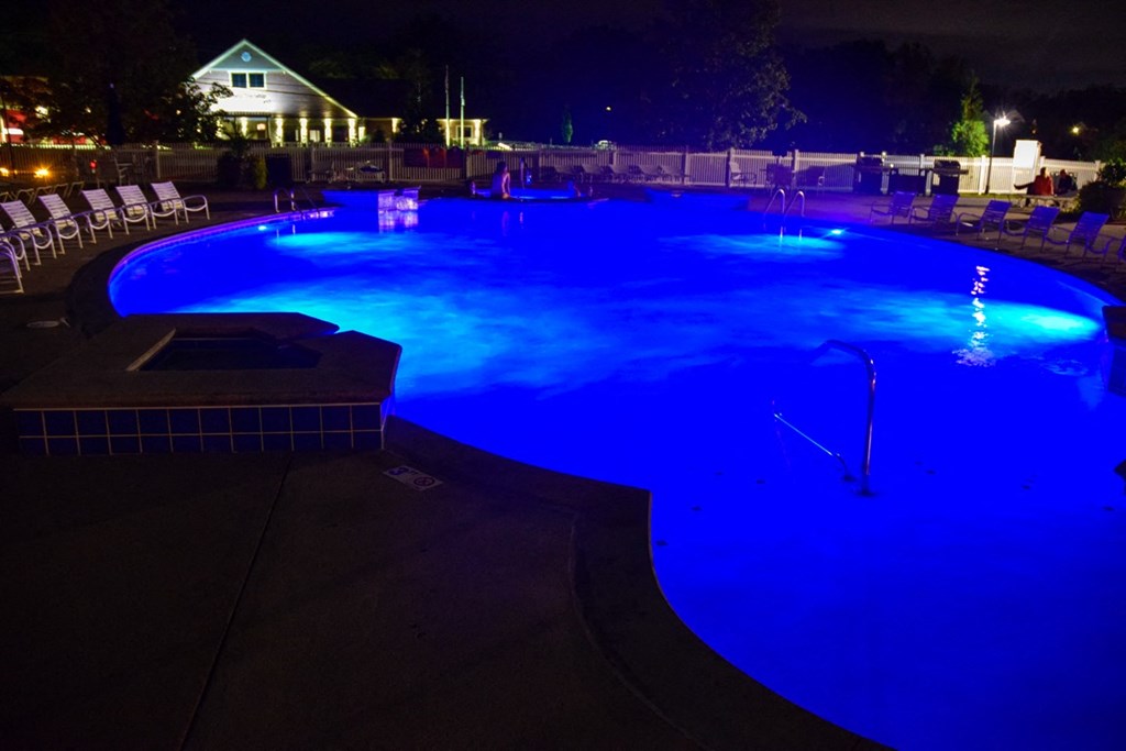 This is a picture of the pool area at night at Nantucket Apartments, in Loveland, OH.
