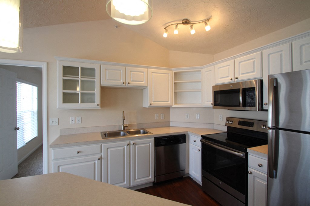 This is a photo of the kitchen area in the 1 bedroom Patriot floor plan at Nantucket Apartments in Loveland, OH.
