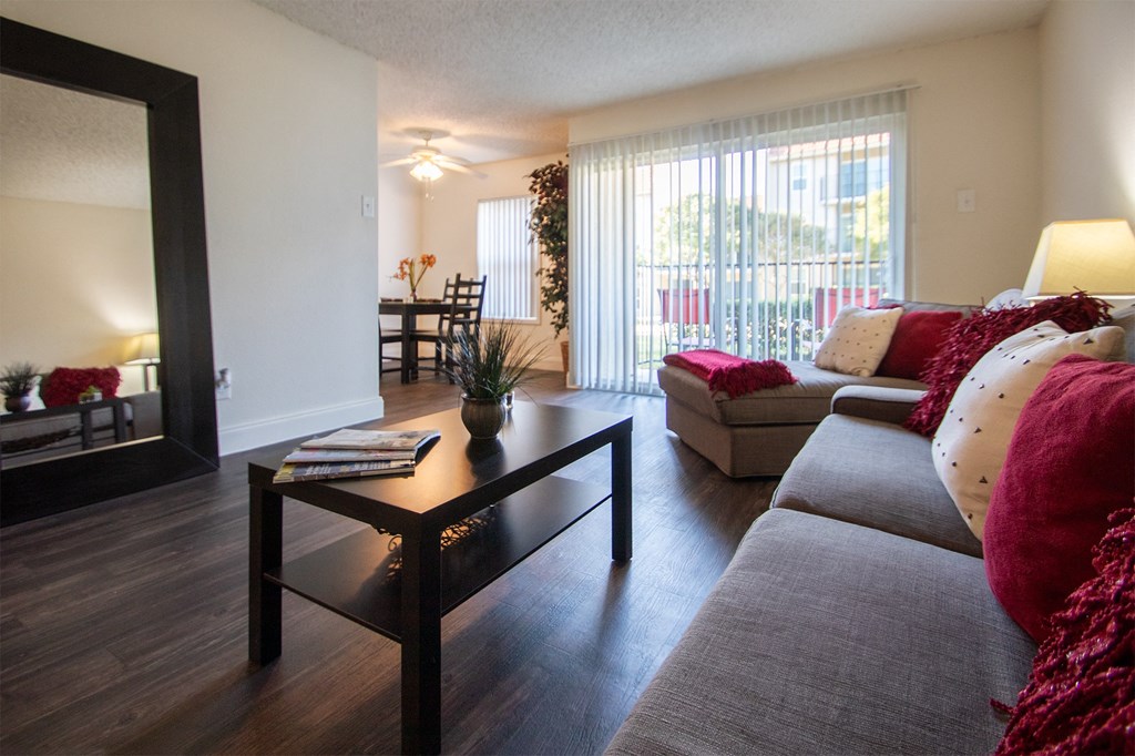 a living room with a couch and a coffee table