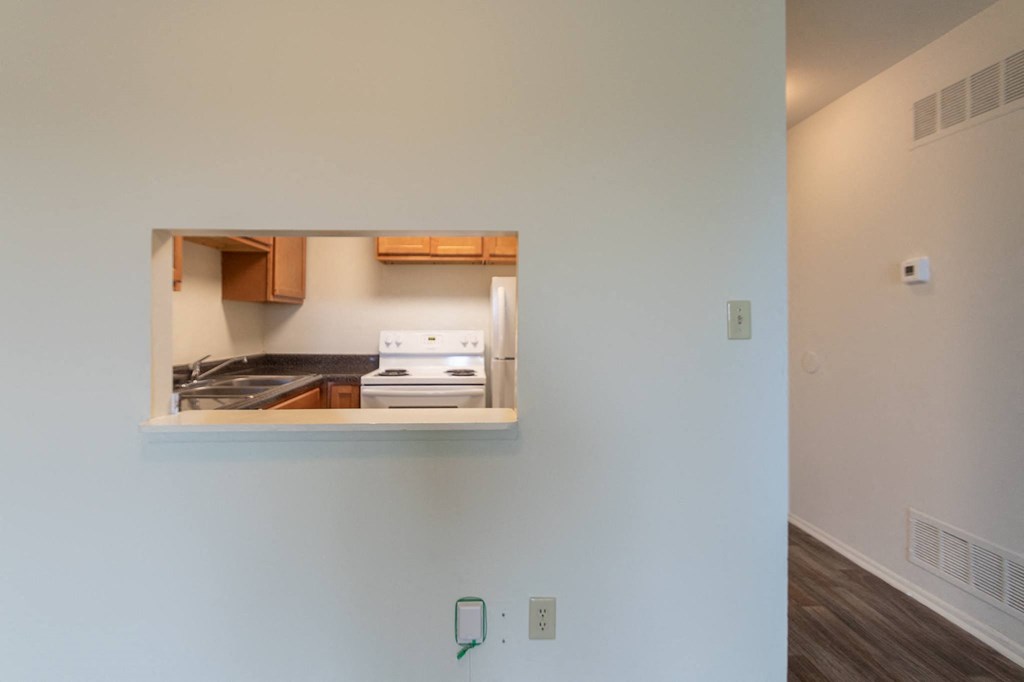 This is a photo of the kitchen pass through in a 560 square foot 1, 1 bath apartment at Park Lane Apartments in Cincinnati, OH.
