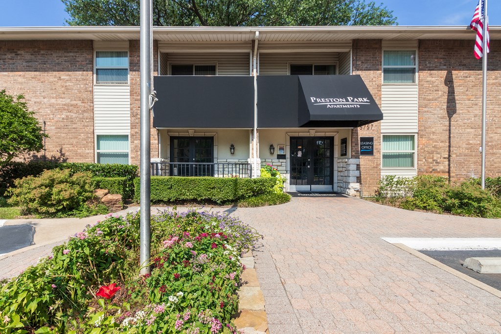 Leasing office entrance at Preston Park Apartments, Dallas, TX, 75240