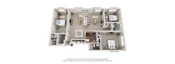 A 3D floor plan of a 1317 square foot 3 bedroom with den apartment at Park Lane Apartments in Cincinnati, OH.