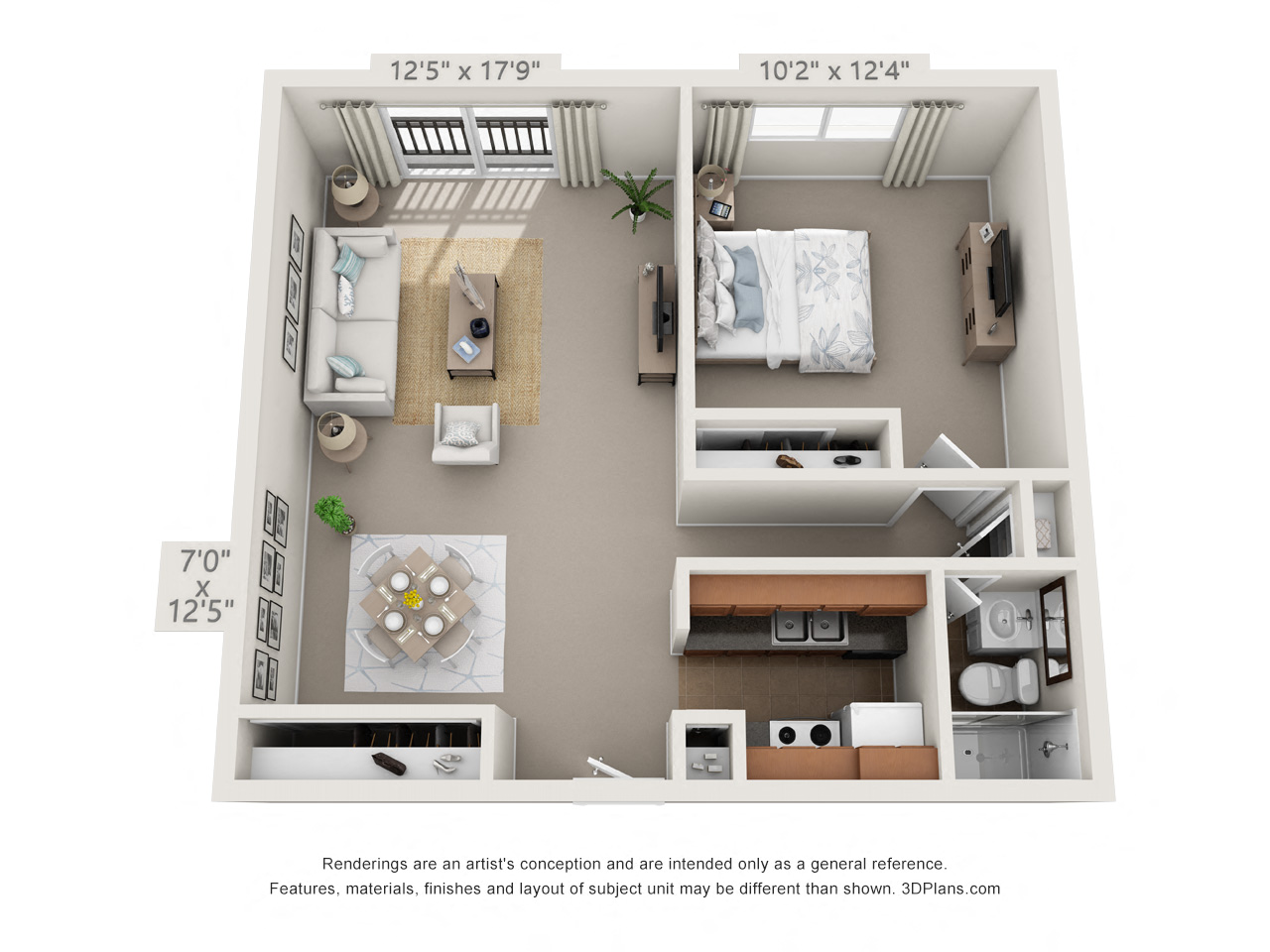 This is a 3D floor plan of a 670 square foot 1 bedroom apartment at Park Lane Apartments in Cincinnati, OH.