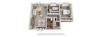 This is a 3D floor plan of a 750 square foot 2 bedroom apartment at Park Lane Apartments in Cincinnati, OH.