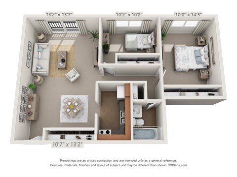 This is a 3D floor plan of a 750 square foot 2 bedroom apartment at Park Lane Apartments in Cincinnati, OH.