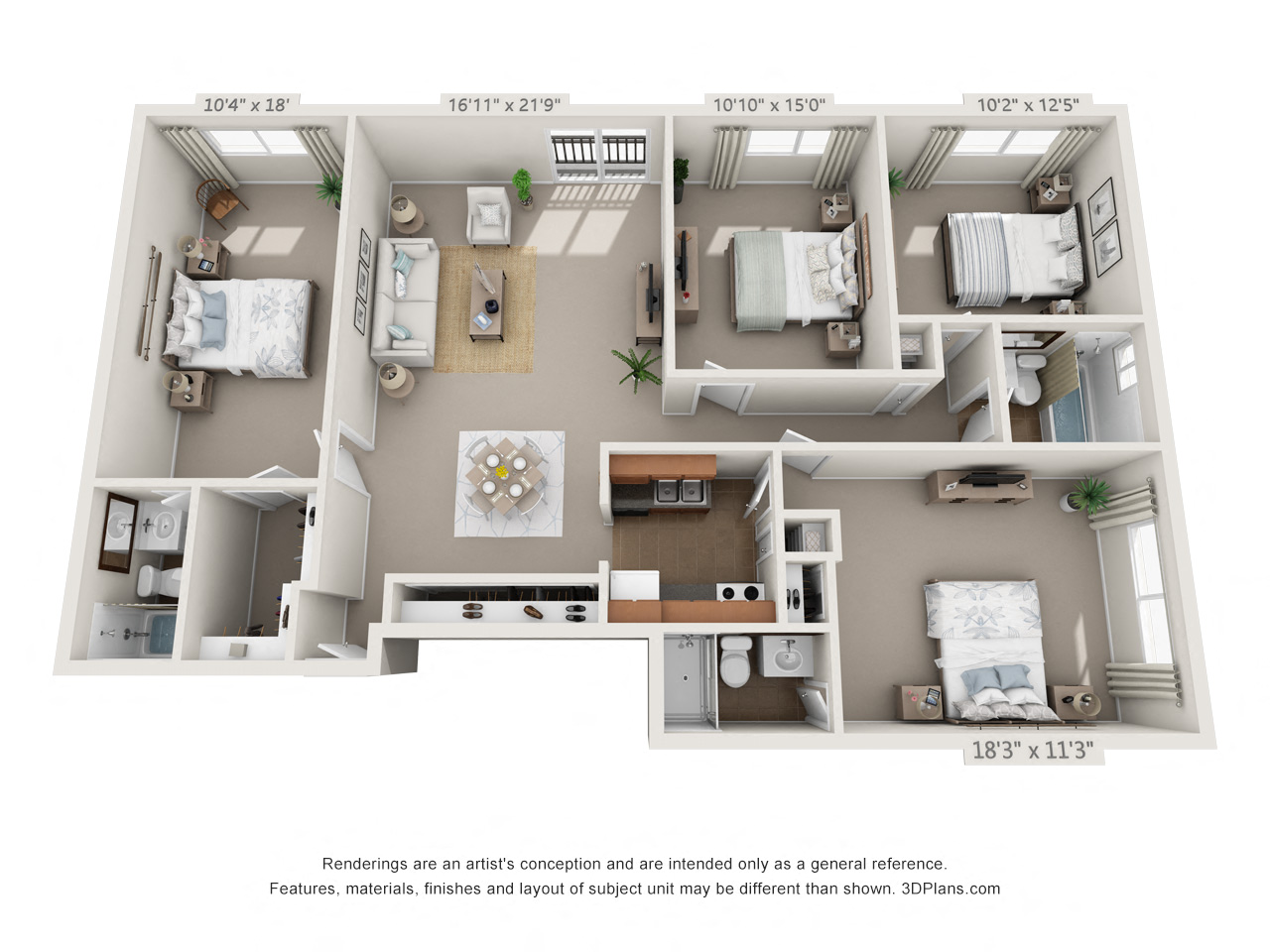 This is a 3D floor plan of a 1317 square foot 4 bedroom apartment at Park Lane Apartments in Cincinnati, OH.