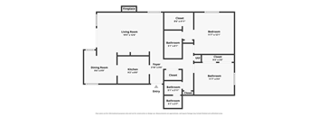 A floor plan of a 2 bed / 2 bath, 935 square foot apartment home with a living room, dining room, kitchen, and multiple bathrooms and closets at Preston Park Apartments in Dallas.