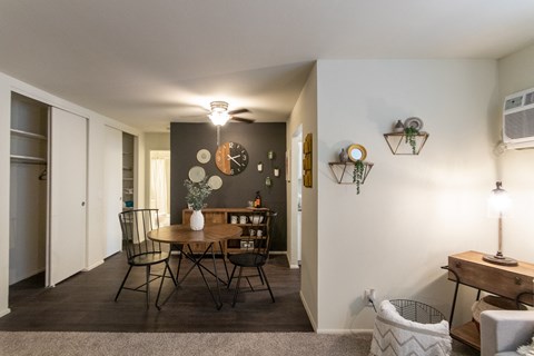 This is a picture of the dining area from the living room in a 576 sq foot 1 bedroom, 1 bath apartment at Red Bank Reserve in the Madisonville neighborhood of Cincinnati, Ohio.