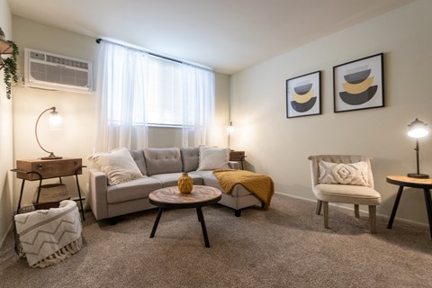 This is a picture of the living room in a 576 sq foot 1 bedroom, 1 bath apartment at Red Bank Reserve in the Madisonville neighborhood of Cincinnati, Ohio.