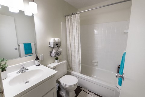 This is a picture of the bathroom in a 576 sq foot 1 bedroom, 1 bath apartment at Red Bank Reserve in the Madisonville neighborhood of Cincinnati, Ohio.