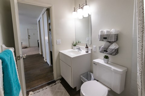This is a picture of the bathroom in a 576 sq foot 1 bedroom, 1 bath apartment at Red Bank Reserve in the Madisonville neighborhood of Cincinnati, Ohio.