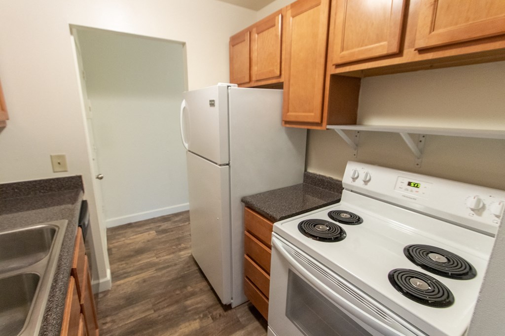 This is a picture of the kitchen in a 748 sq foot 2 bedroom, 1 bath apartment at Red Bank Reserve in the Madisonville neighborhood of Cincinnati, Ohio.