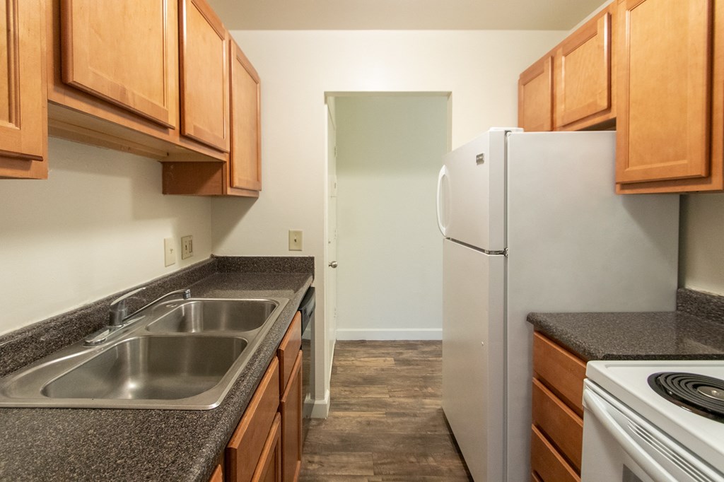This is a picture of the kitchen in a 748 sq foot 2 bedroom, 1 bath apartment at Red Bank Reserve in the Madisonville neighborhood of Cincinnati, Ohio.