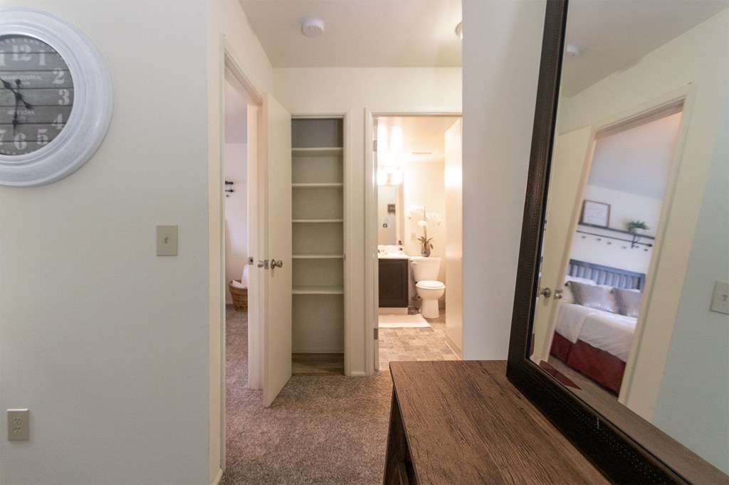 This is a picture of the hall linen closet in a 578 sq foot 1 bedroom, 1 bath apartment at Red Bank Reserve in the Madisonville neighborhood of Cincinnati, Ohio.