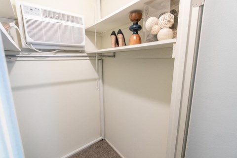This is a picture of the walk-in closet in a 578 sq foot 1 bedroom, 1 bath apartment at Red Bank Reserve in the Madisonville neighborhood of Cincinnati, Ohio.