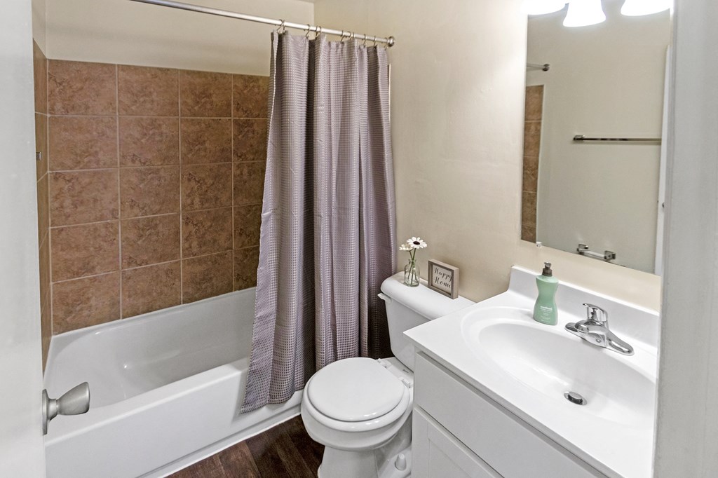 This is a photo of the bathroom of a 742 square foot, 2 bedroom apartment at Romaine Court Apartments in the Oakley neighborhood of Cincinnati, Ohio.