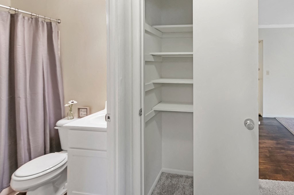 This is a photo of the hall linen closet of a 742 square foot, 2 bedroom apartment at Romaine Court Apartments in the Oakley neighborhood of Cincinnati, Ohio.