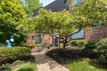 This is a photo of the building entrance to the leasing office at Romaine Court Apartments in the Oakley neighborhood of Cincinnati, Ohio. - Photo Gallery 44