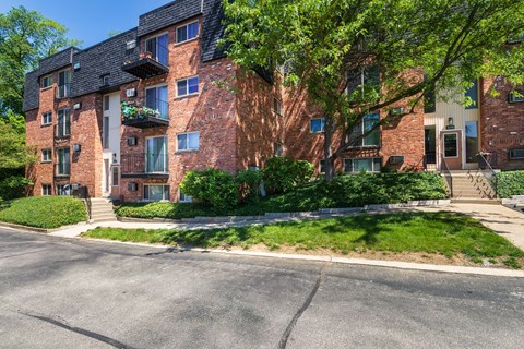 Apartment building exteriors at Romaine Court Apartments in the Oakley neighborhood of Cincinnati, Ohio.