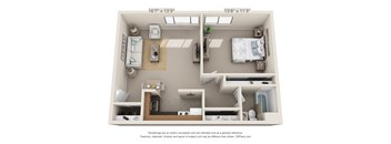 This is a 3D floor plan of a 549 square foot 1 bedroom, 1 bath apartment at Romaine Court Apartments in Cincinnati, OH.