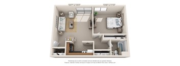 This is a 3D floor plan of a 549 square foot 1 bedroom, 1 bath apartment at Romaine Court Apartments in Cincinnati, OH.