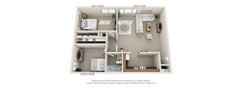 This is a 3D floor plan of a 755 square foot 1 bedroom, 1 bath apartment at Romaine Court Apartments in Cincinnati, OH.