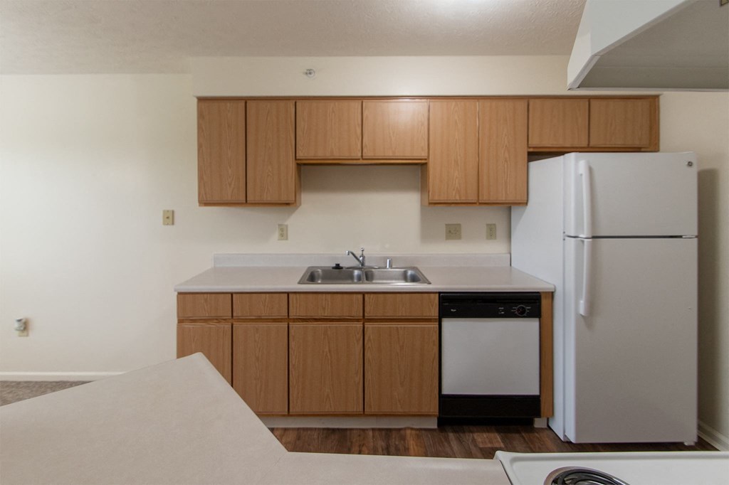 This is photo of the kitchen in the 852 square foot, 1 bedroom Fairlawn floor plan at Trails of Saddlebrook Apartments in Florence, KY.