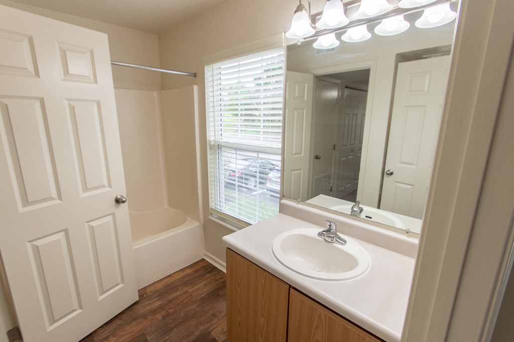 This is photo of the bathroom in the 852 square foot, 1 bedroom Fairlawn floor plan at Trails of Saddlebrook Apartments in Florence, KY.