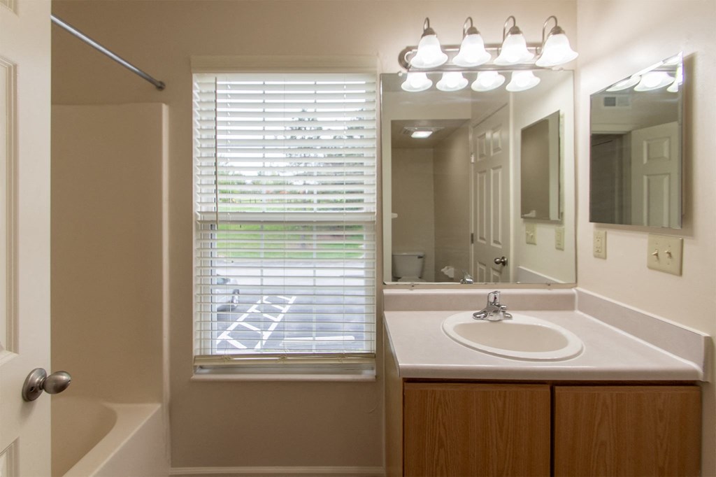 This is photo of the bathroom in the 852 square foot, 1 bedroom Fairlawn floor plan at Trails of Saddlebrook Apartments in Florence, KY.